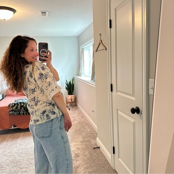 THE GREAT. White Blue Cotton Floral Lace Short Sleeve Victorian Top Blouse 3 L - Picture 2 of 12